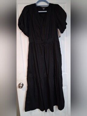 French Connection Black Puff-Sleeve Long Maxi Dress Casual Sz Large